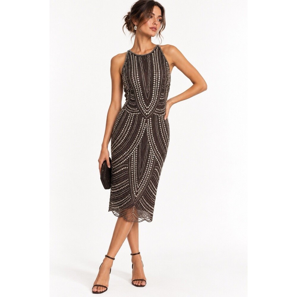 Pisarro Nights Brown Silver Beaded Art Deco Mesh Midi Dress Size 10
